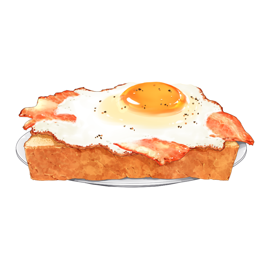 「フリー素材の飯絵 モーニングトーストセット 470 ① ベーコンエッグトースト 」|邑楽野 粉達摩のイラスト