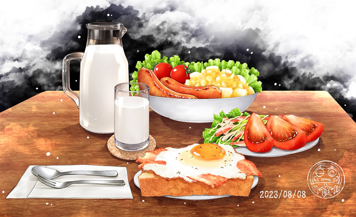 「フリー素材の飯絵 モーニングトーストセット 470 ① ベーコンエッグトースト 」|邑楽野 粉達摩のイラスト
