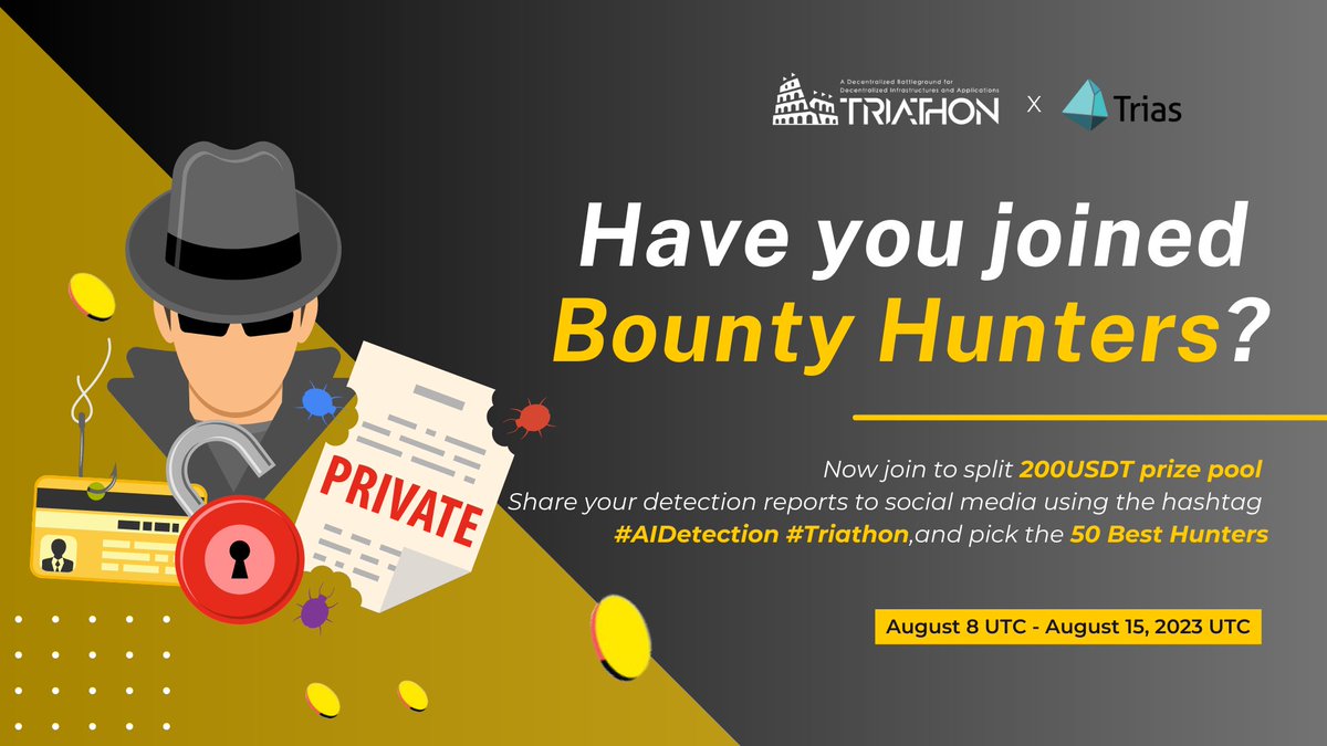 TriathonLab's tweet photo. Have you joined Bounty Hunters yet?๐จโ๐ป
Join us without delay and split the 200 #USDT rewards, 50 #BestHunter spots
โฐAugust 8 - August 15, 2023 (UTC)
HOW TO JOIN
โ
Follow @TriathonLab & @triaslab
โ
Dive into "Bug Bounty Hunter" to experience any contract detection https://t.co/WasYK32DpH
โ
Share your detection reports to social media using the hashtag #AIDetection #Triathon
Leave your sharing link below to mark your spot!
๐ https://t.co/HfHSOadDyW