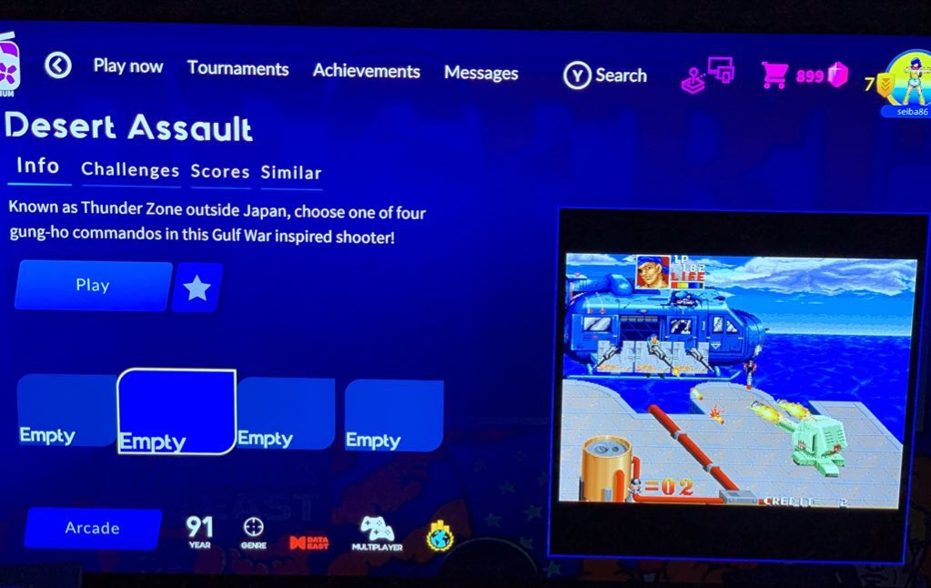 seiba's tweet image. DECOの「サンダーゾーン」がプレイできるぞお！！
回転ボムとアイテム取得のグラフィックが好きで連コインしまくっていたなあ。
#AntstreamArcade
#Xbox