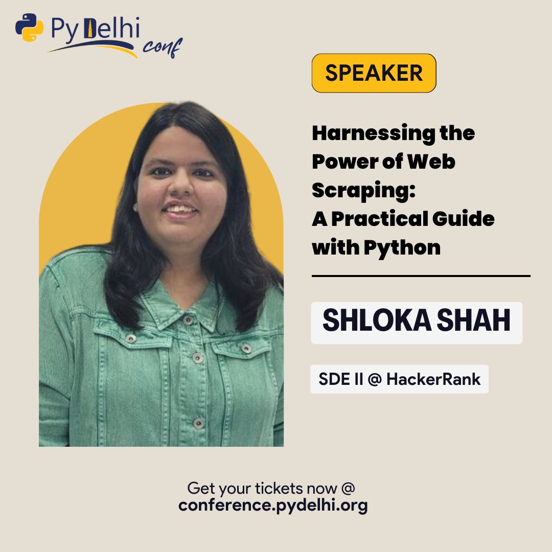 PyDelhi's tweet photo. Join @shlokashah0603 with her talk 'Harnessing the Power of Web Scraping: A Practical Guide with Python' at PyDelhiConf 2023.
Learn more: https://t.co/HtjRadlQDq
#Python #PyDelhiConference #WebScraping https://t.co/iBRbMoLOwK