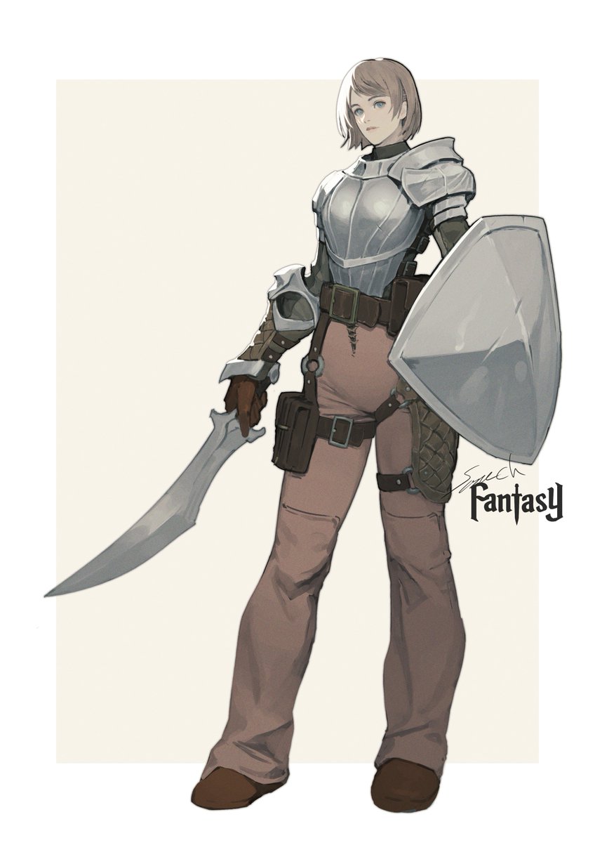 1girl solo armor weapon shield sword shoulder armor  illustration images