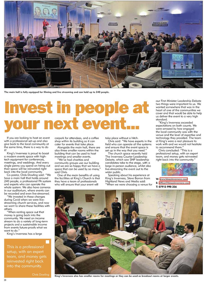 KingsInverness's tweet photo. Have you seen our feature in this months @ExecutiveHNM?

🔵 4 rooms of different sizes 

🔵Seating in main hall of up 240 people 

🔵Professional PA &amp; video set up

🔵Live streaming capabilities 

🔵 Profits reinvested into local community

Please e-mail office@kingsinverness.com https://t.co/EsYEAEoUoL