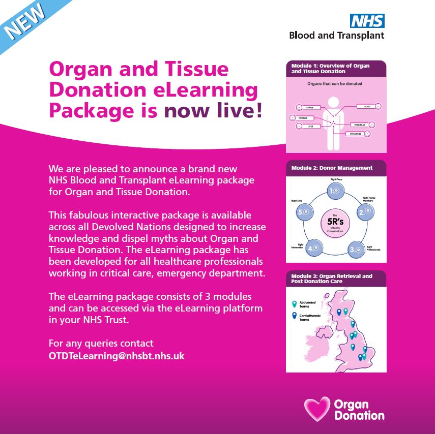 📣 We are proud to announce a new NHS Blood and Transplant eLearning package for Organ and Tissue Donation. 

The eLearning package has been developed for all healthcare professionals working in critical care, and emergency departments. 💗

 #OrganDonation #eLearning