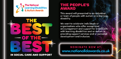 RT Calling all nominations for The PEOPLES AWARD! This award will be presented to an individual or team of people with autism or a learning disability. Nominate bit.ly/2kAkRuQ #ThankYouSocialCare