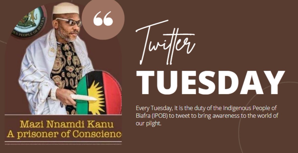 OnyeukwuJ7546's tweet photo. Today is Twitter TUESDAY have you twitted about the struggle or about our leader #MaziNnamdiKanu today? Please great Biafrans endeavor to follow each other to spread this gospel. #FollowMeAt: onyeukwuJci@onyeukwuj7546 https://t.co/w42jsSS7gU