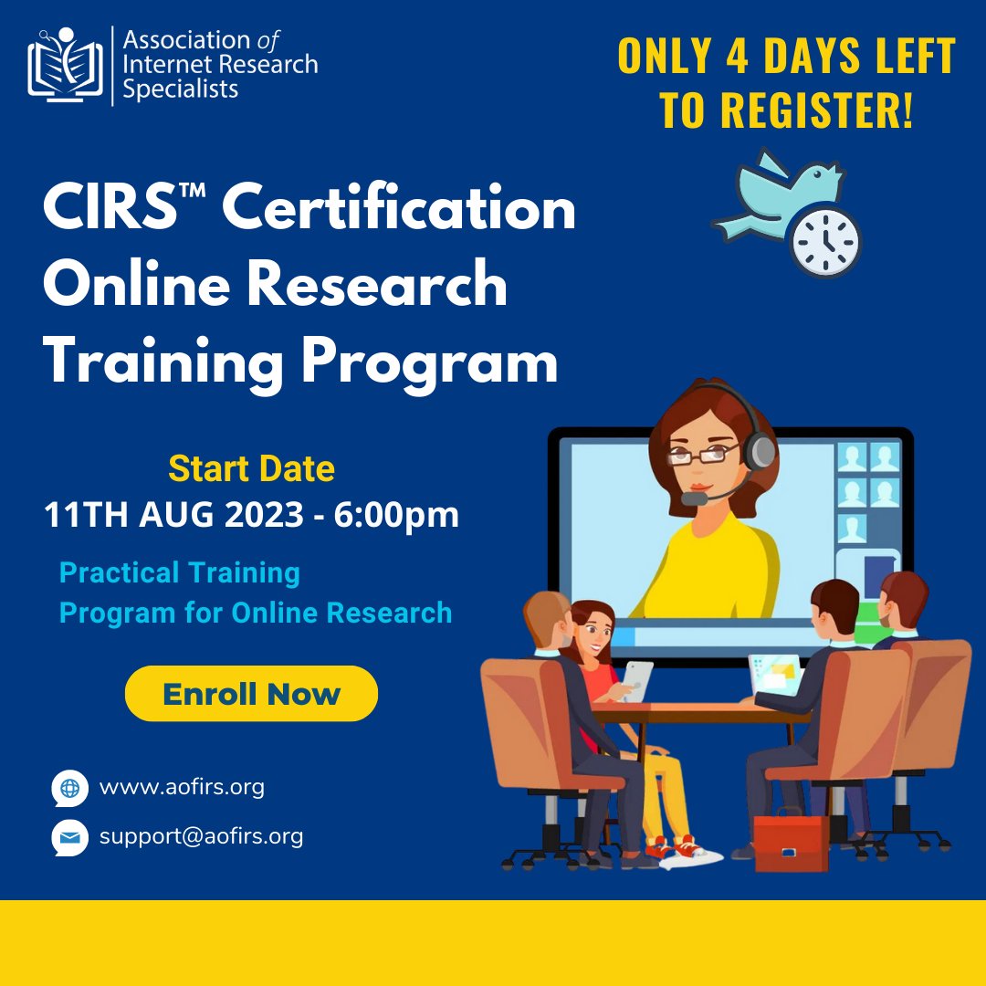 aofirss's tweet photo. 📷 Only 4 Days Left to Register! 📷
Don't miss out on the opportunity to unlock the true potential of online research through our comprehensive CIRS™ Certification Live Training Program. 

Click the link to register:
https://t.co/qJD1NK7NZz

#CIRSCertification #OnlineResearch https://t.co/8wAttjIvs1