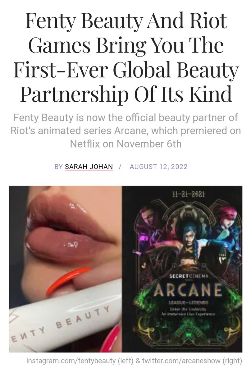 arcaneindetail's tweet photo. Fenty Beauty is apparently the official beauty partner of Arcane, yet so far I haven't seen a makeup line or promotions from either regarding this 💭 Either this will be for Arcane S2, or cancelled, or delayed, but wow for the first time I will buy makeup for this ✨️💄💅🏽👄💜 https://t.co/0K8iiXT3J6