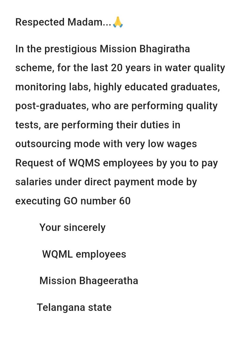 Bhagyal54346046's tweet photo. In the prestigious Mission Bhagiratha scheme, for the last 20 years in water quality monitoring labs, highly educated graduates, post-graduates, who are performing quality tests, are performing their duties in outsourcing mode with very low wages Request of WQMS employees by you https://t.co/9kuN6lxw5a