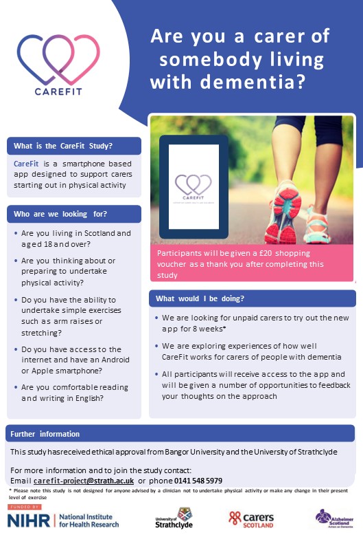 CarersScotland's tweet photo. 📢Are you a carer of someone with dementia? The CareFit study at the University of Strathclyde are looking for people to test out their new physical activity app designed to help you stay active! Email carefit-project@strath.ac.uk for more information. https://t.co/fzvxTfLRMB