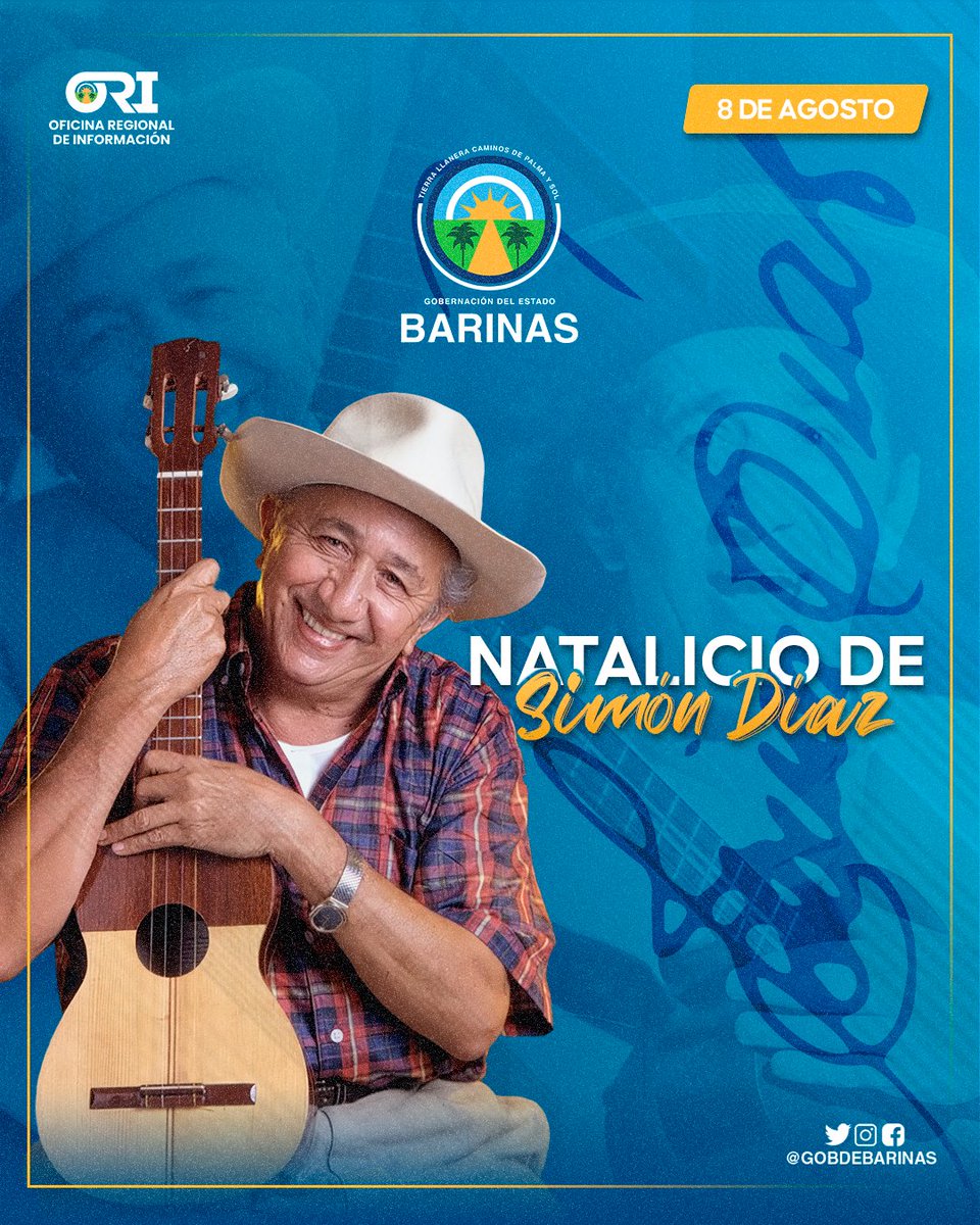 #8Ago | En este día especial, recordamos al gran Simón Díaz, quien con su música y poesía nos enseñó a amar nuestra tierra y nuestras raíces. Su legado sigue vivo en cada nota de sus canciones y en cada verso de sus poemas.

¡Por siempre Tío Simón!