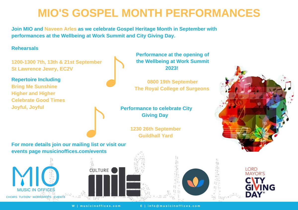 Did you know that September is Gospel Heritage Awareness Month? Join us and take part in two fantastic performance opportunities with us led by Naveen Arles BCA FRSA singing well-known Gospel numbers. Uplifting, inclusive &amp; joyful 💛

musicinoffices.com/events