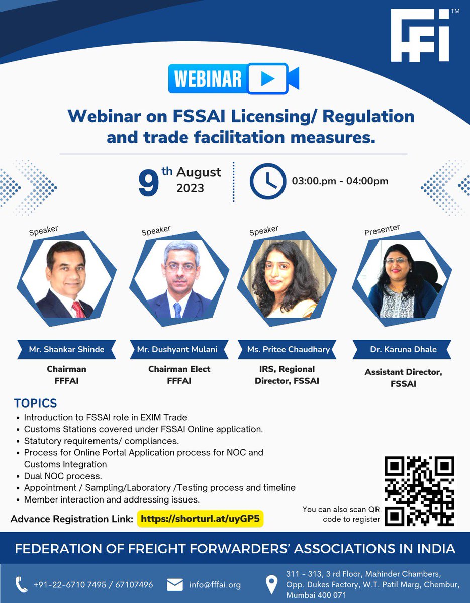 A Very Important #Webinar being conducted by @FFFAI_INDIA - with Food Safety Authority. 

Those in Supply Chain handling Food Commodities, do try and attend.

@cbic_india