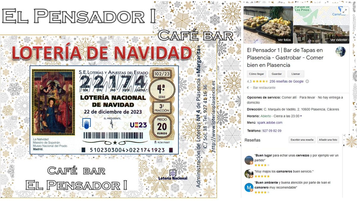 margaps's tweet photo. Café Bar El Pensador I ya tiene a la venta la lotería para el sorteo de Navidad, como cada semana su número abonado, el 22.174. Suerte!!!
https://t.co/i5mJKLO56f
#sorteo #GranPremio #plasencia #loteriasplasencia #GordoDeNavidad #Plasencia #margarita #navidad #barelpensador1 https://t.co/y5LvBA4Fuw