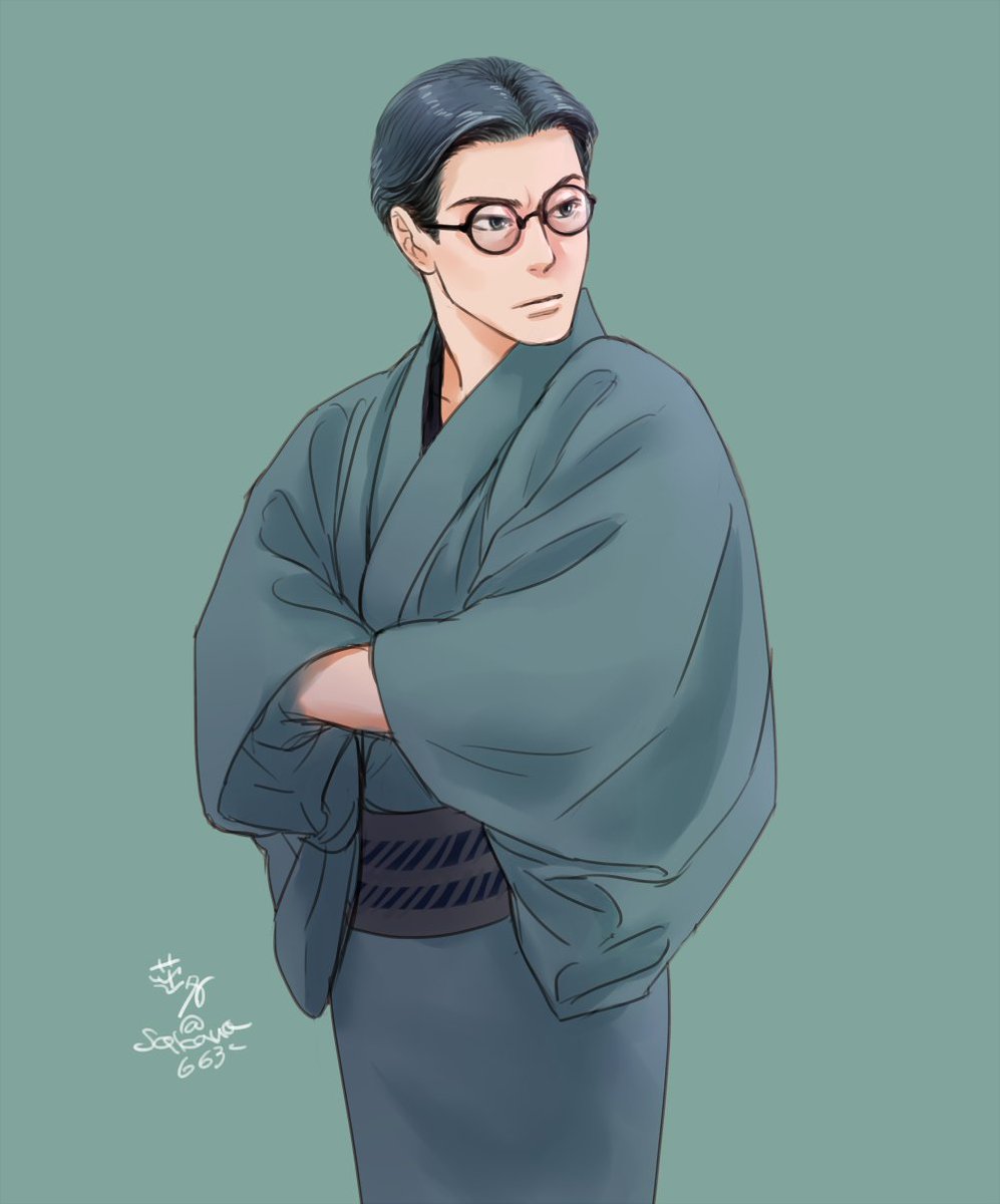 1boy male focus solo glasses japanese clothes black hair simple background  illustration images