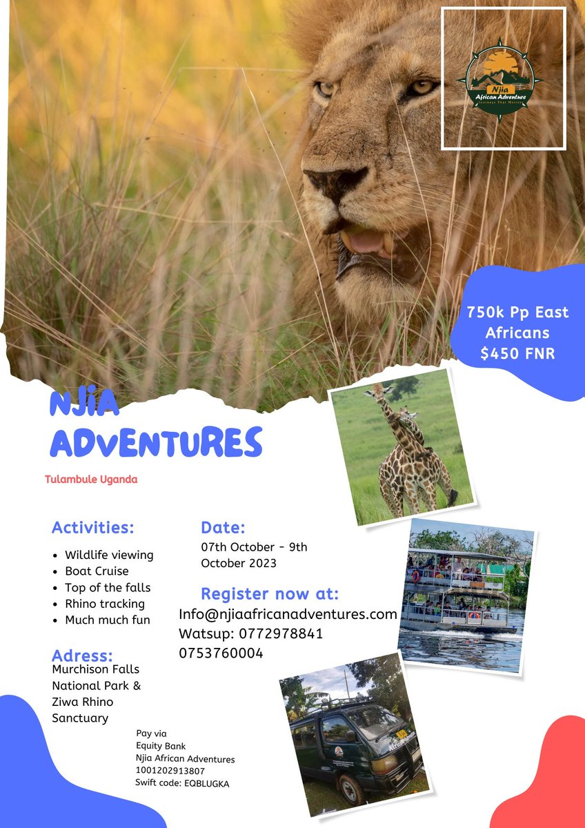 Join @NjiaAdventures on an unforgettable tour to Murchison Falls National park. Be there,I will be there
From the 7th to 9th Oct 2023 .You must either Grab it or book it for a friend. 
0772978841 or 📧 info@njiaafricanadventures.com 
#TulambuleUganda
#Independencedaytulambule