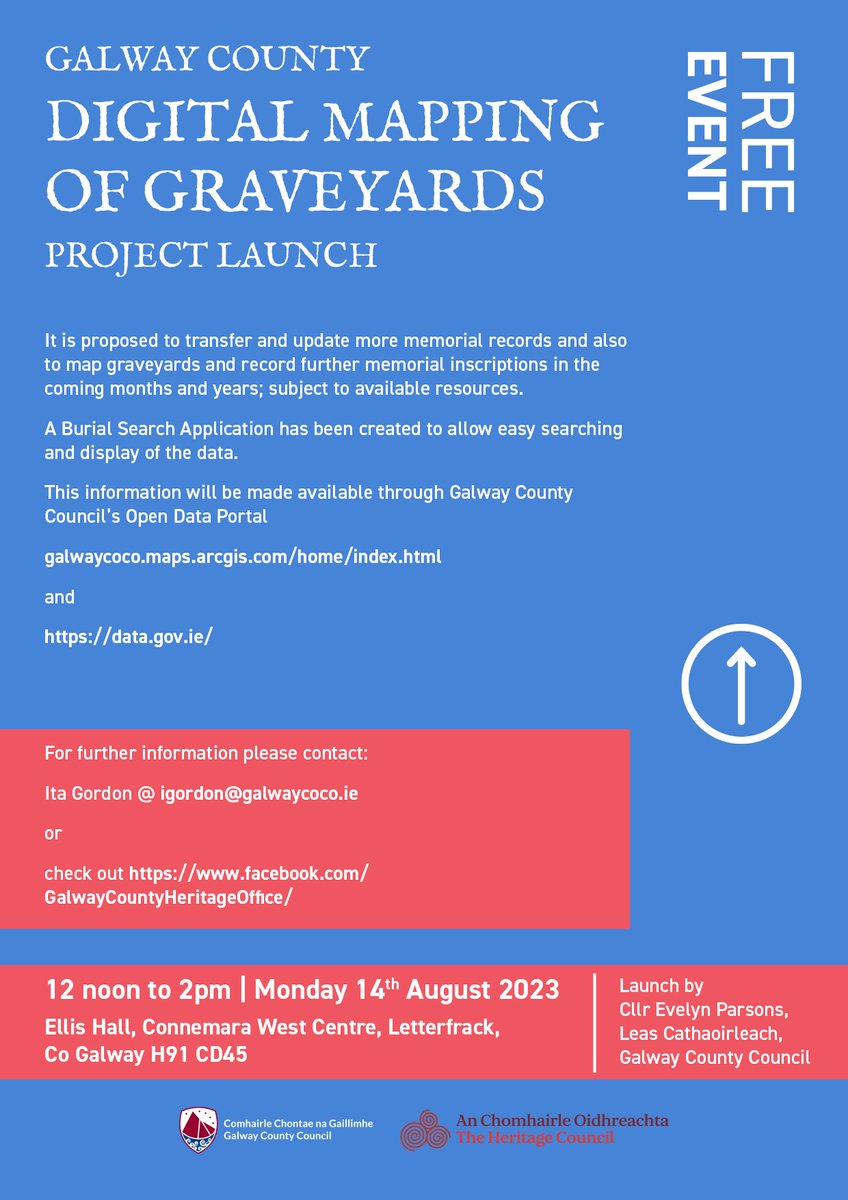 SilverBranch_'s tweet photo. Free Event: 
GALWAY COUNTY
DIGITAL MAPPING 
OF GRAVEYARDS
PROJECT LAUNCH
12 noon to 2pm | Monday 14th August 2023
Ellis Hall, Connemara West Centre, Letterfrack, 
Co Galway H91 CD45
#HeritageWeek #Galway https://t.co/78eq5EUUq4