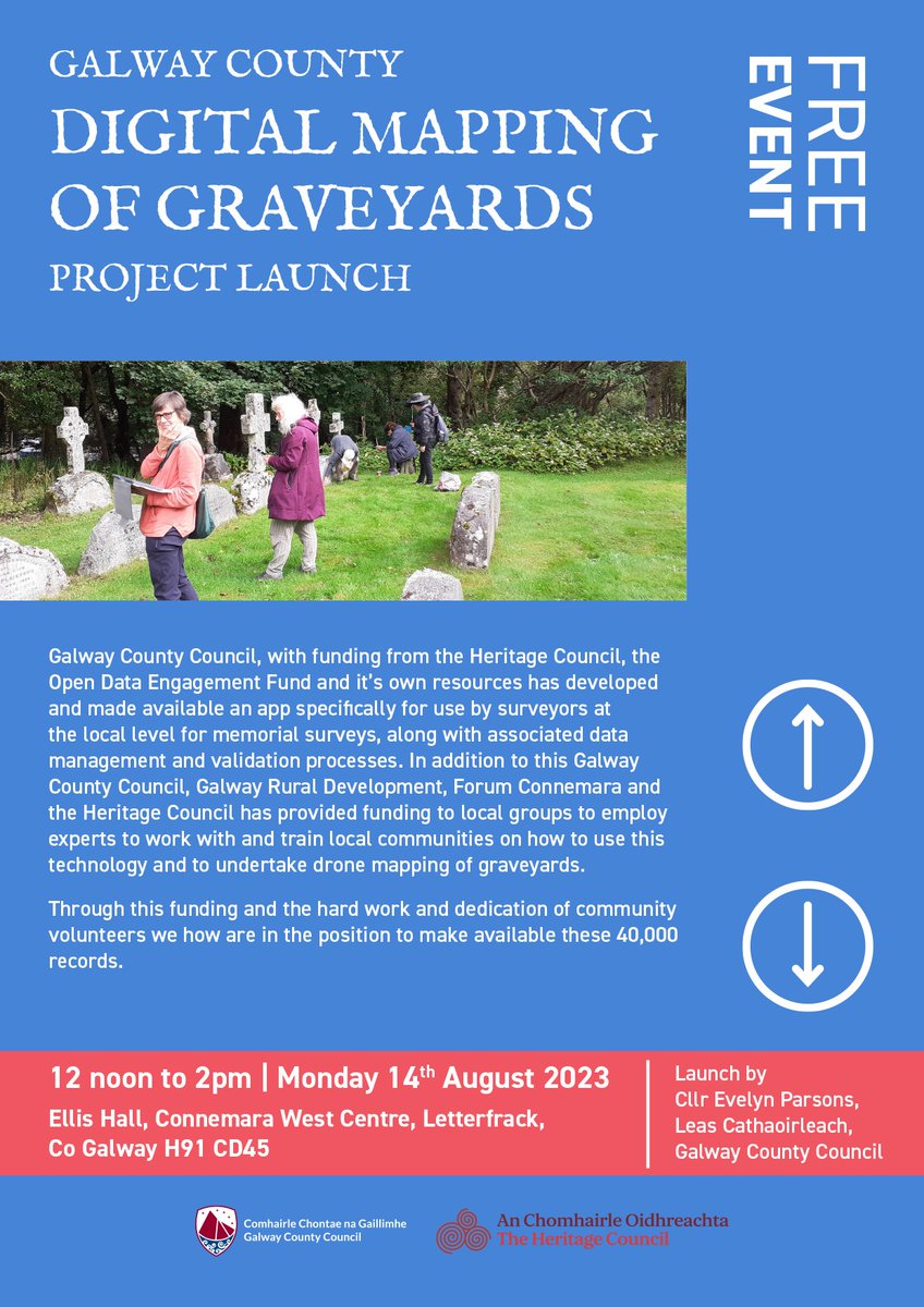 SilverBranch_'s tweet photo. Free Event: 
GALWAY COUNTY
DIGITAL MAPPING 
OF GRAVEYARDS
PROJECT LAUNCH
12 noon to 2pm | Monday 14th August 2023
Ellis Hall, Connemara West Centre, Letterfrack, 
Co Galway H91 CD45
#HeritageWeek #Galway https://t.co/78eq5EUUq4