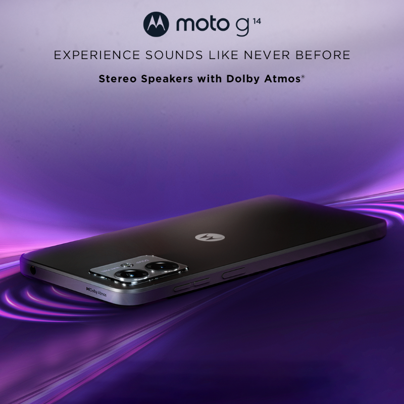 motorolaindia's tweet photo. Elevate your entertainment with #motog14! Immerse yourself in its captivating 6.5” FHD+ Display, immersive Stereo Speakers with Dolby Atmos®, and more. Get it at just ₹9,249* on @flipkart, https://t.co/azcEfy2uaW, and top retail stores. #HatkeStyle #HatkeEntertainment