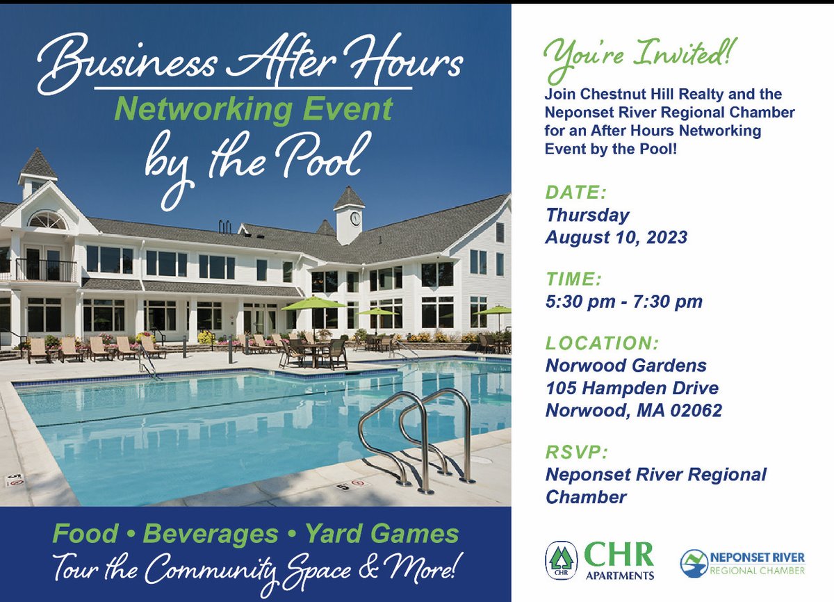 Norwood_Gardens's tweet photo. 😎 Join Chestnut Hill Realty and the Neponset River Regional Chamber for an Alive After Five networking event - poolside right here at Norwood Gardens. Food, beverages, door prizes &amp; entertainment by DJ Mikey Gaeta. Join us!

📅 Thursday, Aug 10
⏰ 5:30pm-7:30pm
➡️ 105... https://t.co/l5WJ53D9Px