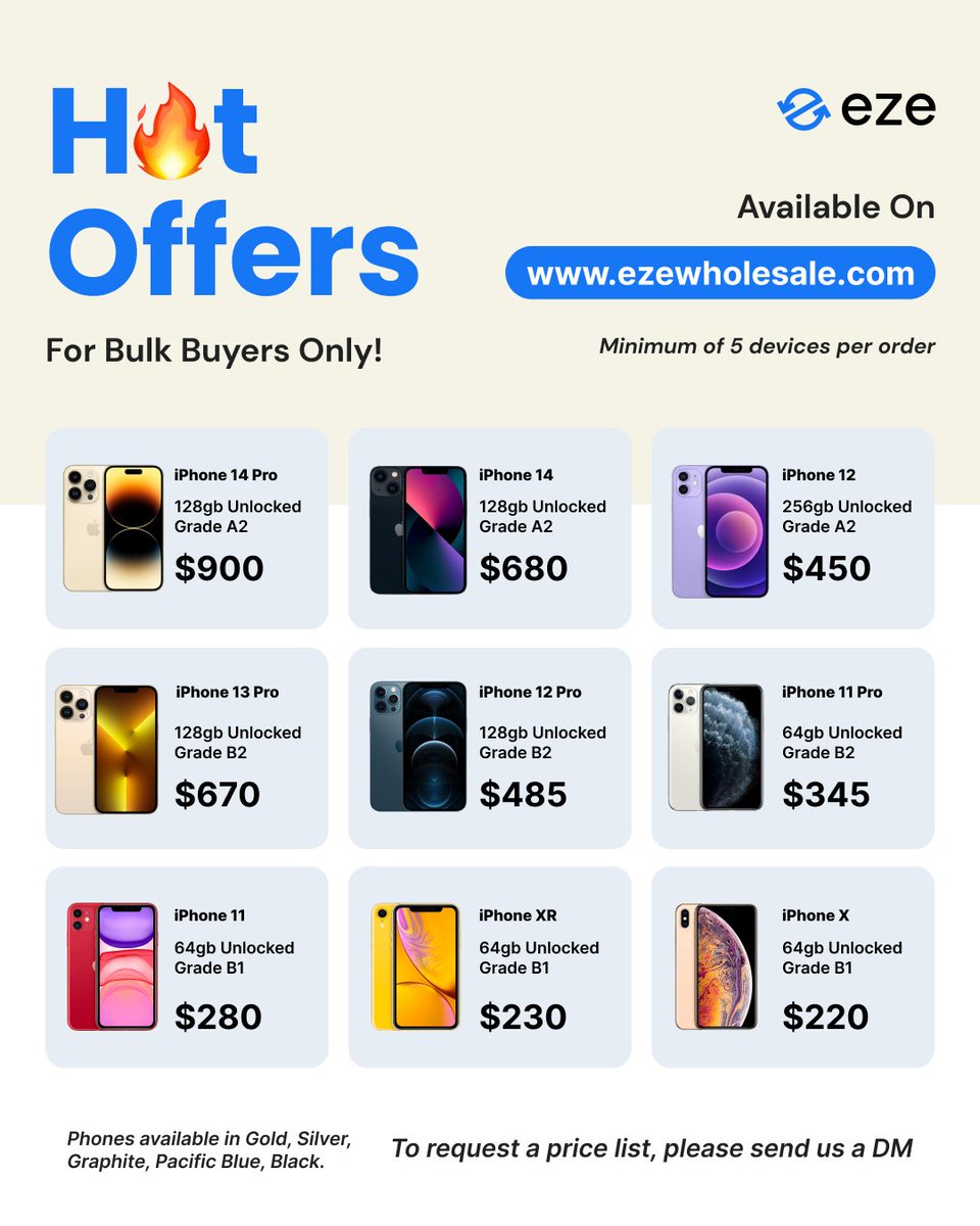 ezewholesale's tweet image. Hurry and seize the opportunity to secure these iPhones at unbeatable prices.

Remember, these red-hot deals will only last for a while, so ensure you take advantage of this chance to score massive profits while having a well-stocked inventory

#Apple #iPhoneDeals #iPhoneSupplier