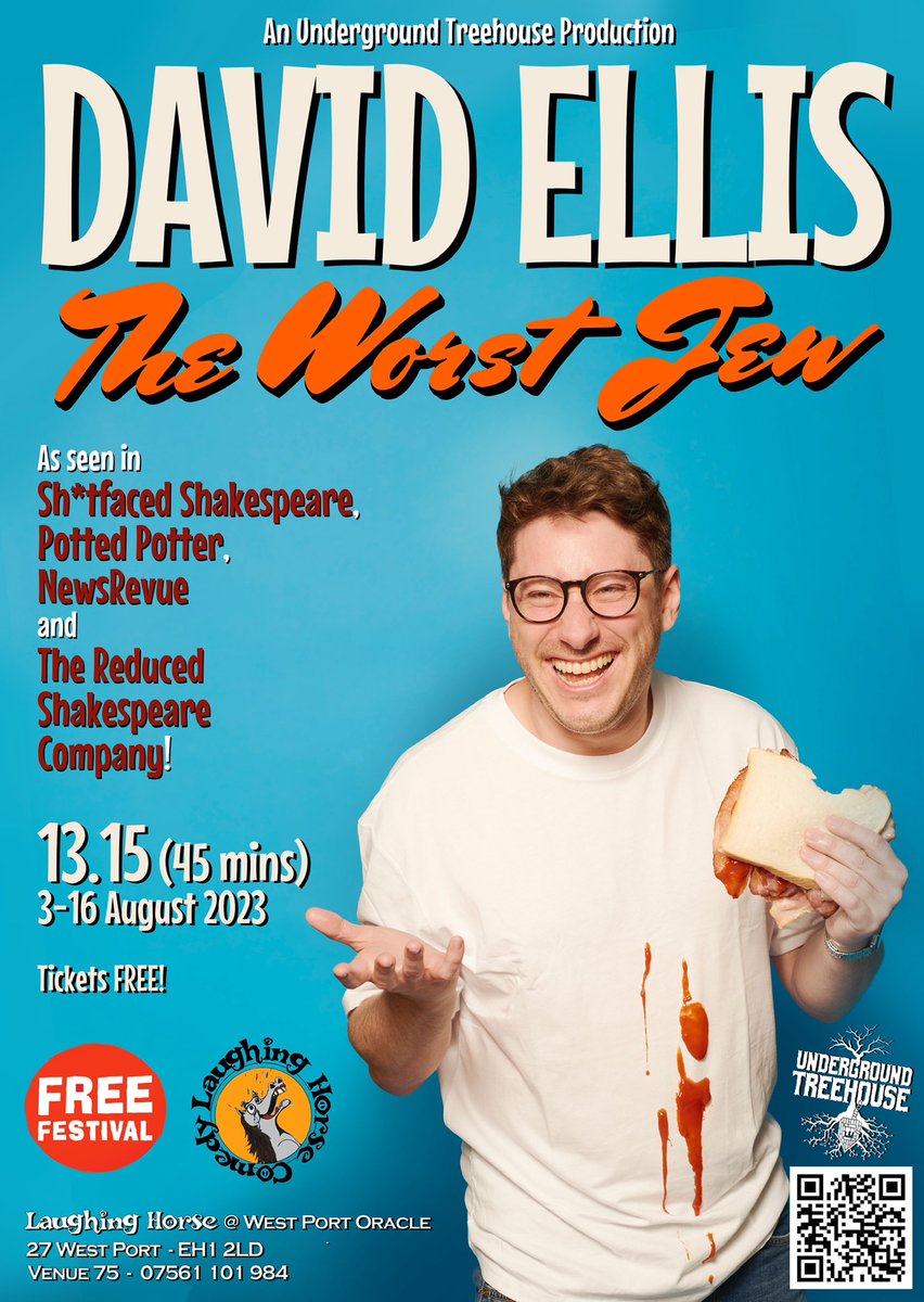 DavidEllisActor's tweet image. Theatre and comedy reviewers who are in Edinburgh; I’d absolutely LOVE you to come see my show ‘The Worst Jew’ on the Free Fringe 1:15pm until the 16th. Any leads or suggestions welcome …