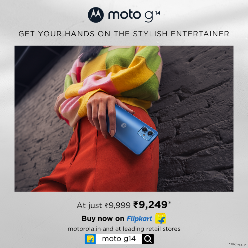 motorolaindia's tweet photo. Elevate your entertainment with #motog14! Immerse yourself in its captivating 6.5” FHD+ Display, immersive Stereo Speakers with Dolby Atmos®, and more. Get it at just ₹9,249* on @flipkart, https://t.co/azcEfy2uaW, and top retail stores. #HatkeStyle #HatkeEntertainment
