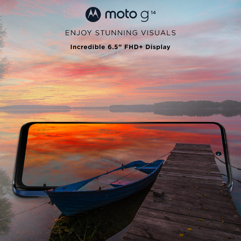 motorolaindia's tweet photo. Elevate your entertainment with #motog14! Immerse yourself in its captivating 6.5” FHD+ Display, immersive Stereo Speakers with Dolby Atmos®, and more. Get it at just ₹9,249* on @flipkart, https://t.co/azcEfy2uaW, and top retail stores. #HatkeStyle #HatkeEntertainment