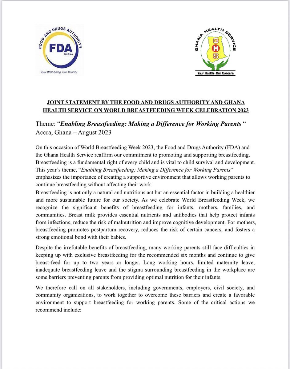 _GHSofficial's tweet photo. ❗️PRESS RELEASE ❗️

JOINT STATEMENT BY THE FOOD AND DRUGS AUTHORITY AND GHANA HEALTH SERVICE ON WORLD BREASTFEEDING WEEK CELEBRATION 2023

Theme: "Enabling Breastfeeding: Making a Difference for Working Parents " https://t.co/AfDHQXRYWY