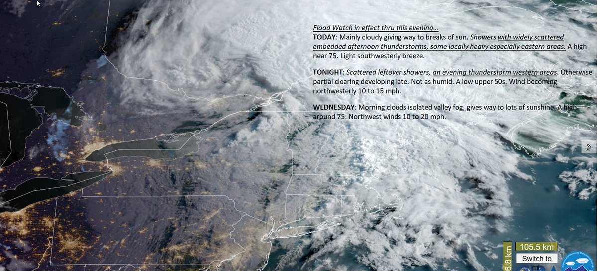 with_hill's tweet photo. Early visual satellite pictures shows the low pressure system northwest of #MontrealQuebec with a drier intrusion of air or #DrySlot allowing for a few breaks of sunshine. Generally cloudy weather to hold and relatively #humid with dew points above 65 degrees this afternoon. https://t.co/hnxjjz96Mf