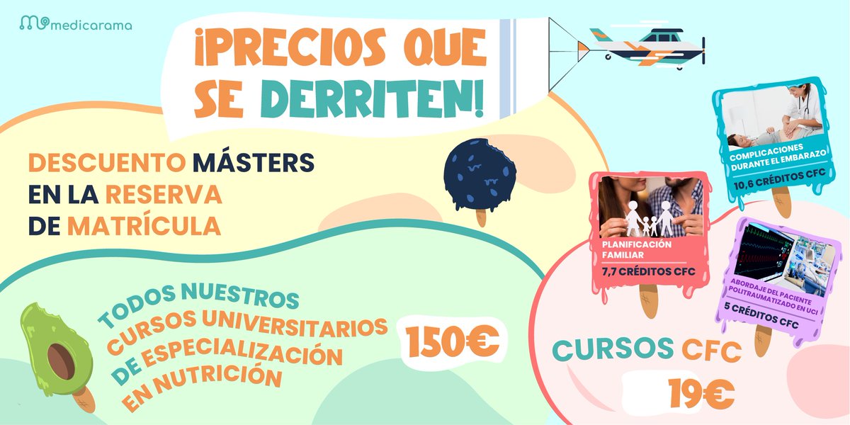 ¡Precios que se derriten! ☀️ 
‼️ Este #Agosto aprovecha nuestras promociones:   
✅ Todos nuestros Cursos Universitarios de especialización en Nutrición por 150€ 
✅ Selección de Cursos CFC por 19€ 
✅ Descuento Masters en la reserva de Matrícula  medicarama.com