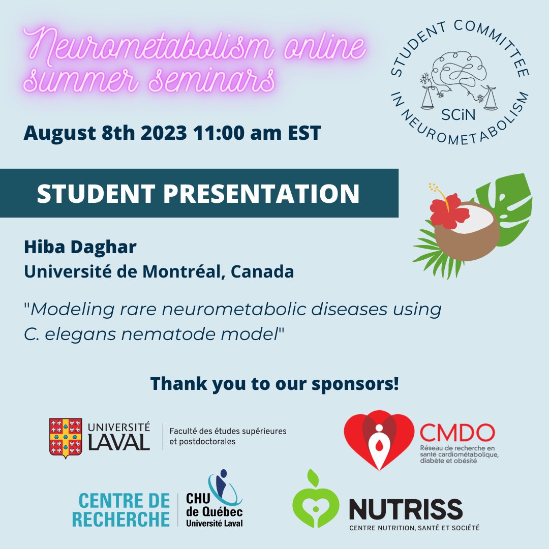 🚨It’s today people🔥 the last seminar of the Neurometabolism Summer series this year 🧑‍🔬🧠⚖️ Don’t forget to tune in @ 1100EST. Today we have @thecheelab as our guest speaker & @DagharHiba as our student presenter 🤩 also excited to meet some of y’all in person at CHUM