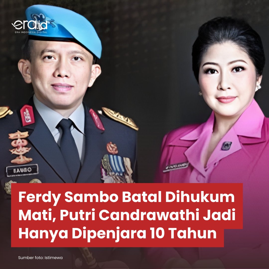 [BREAKING] 

Mahkamah Agung mengabulkan kasasi Ferdy Sambo dengan membatalkan vonis hukuman matinya menjadi penjara seumur hidup.

Sementara itu, istrinya Putri Candrawathi dikurangi masa penjaranya dari 20 tahun jadi 10 tahun saja.