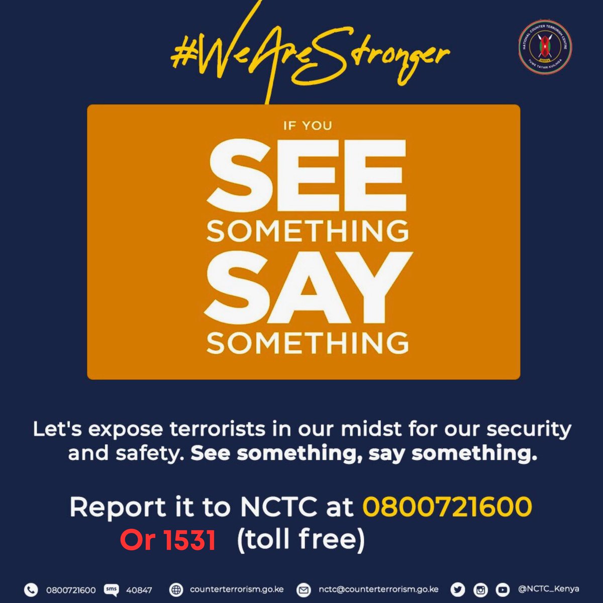 NCTC_Kenya's tweet photo. Remain vigilant in the fight against violent extremism. Report any suspicious activities or individuals to NCTC Kenya. Your awareness and proactive involvement can make a significant difference in preventing and countering this threat. #TuweTayariKuilinda #SecureKE #StayVigilant https://t.co/G4alFxON4C