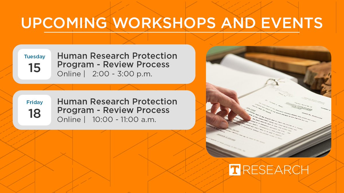 ResearchUTK's tweet photo. Upcoming Workshops and Events: Human Research Protection Program Training. View more workshops and events: https://t.co/p90xIo5wYi
#UTResearch #Workshops #Events https://t.co/2AxTr1N1P9