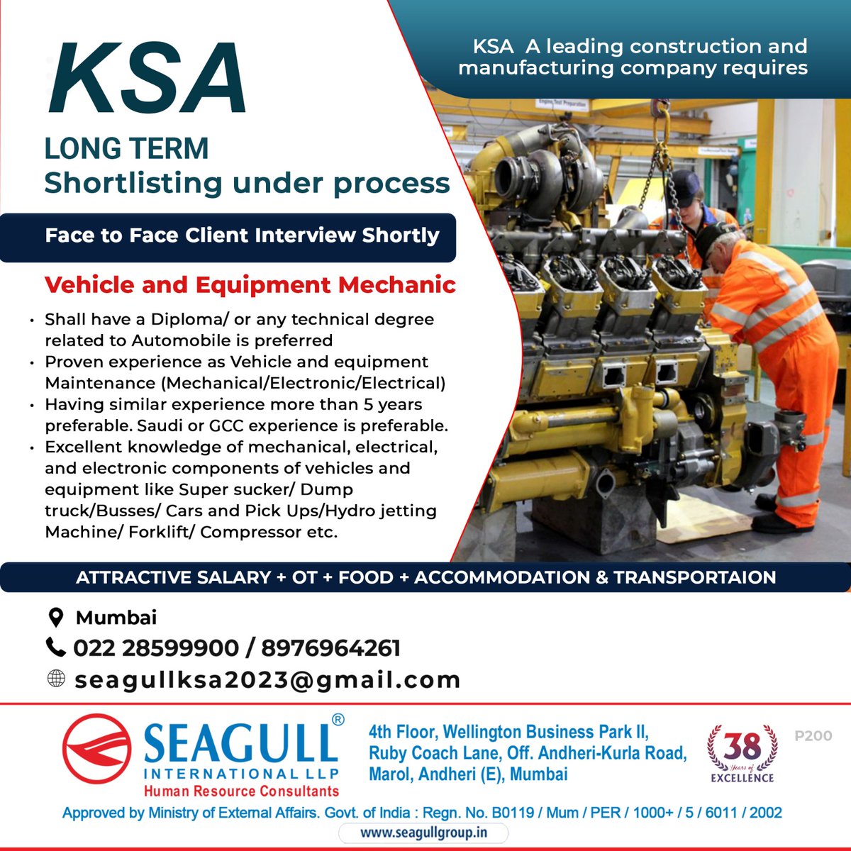 KSA JOBS 
LONG TERM PROJECT 
SHORTLISTING UNDER PROCESS
FACE TO FACE CLIENT INTERVIEW SHORTLY 
.

.

.
#ksajobs #mumbaijobs #vehiclemechanic #equipmentmechanic