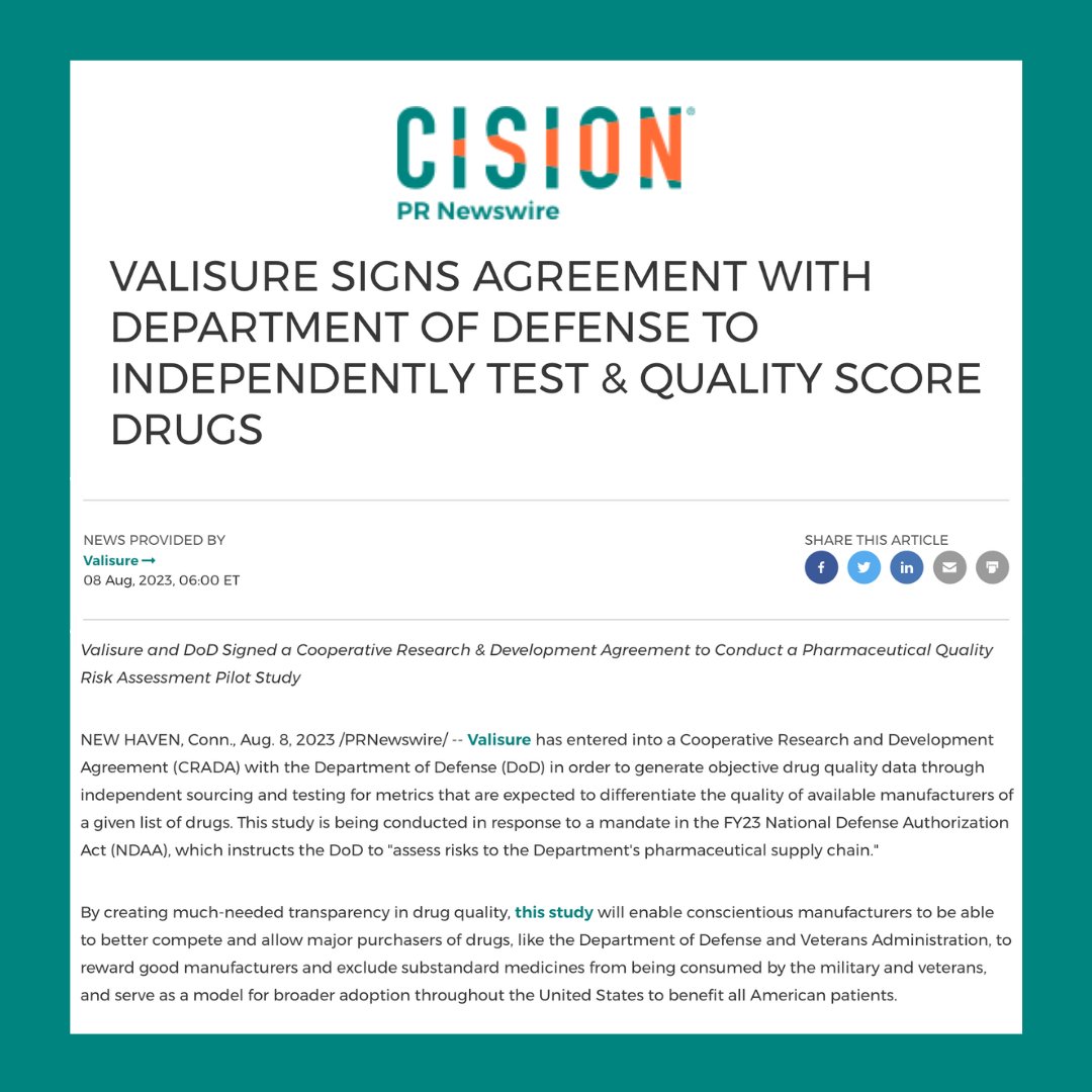 Valisure has entered into a Cooperative Research and Development Agreement with the @DeptofDefense to generate objective drug quality data through independent chemical testing of certain drugs. By creating much-needed transparency in drug quality, this study will enable…