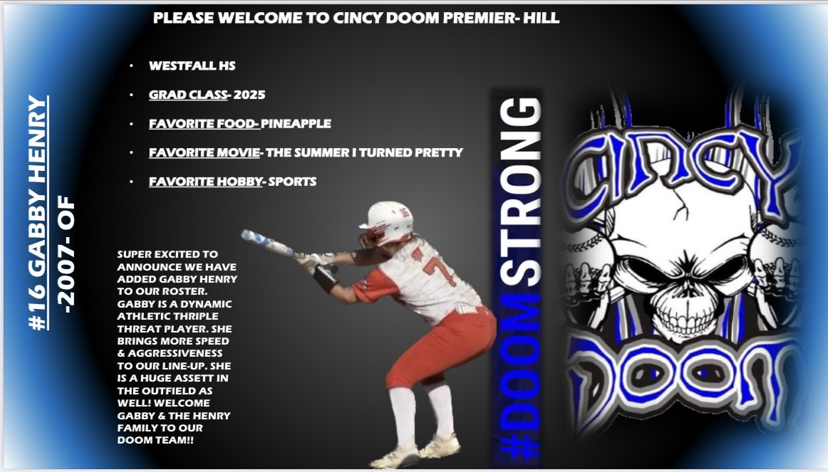 Next round of intros!! We are excited to welcome Gabby Henry to our roster! Gabby brings more speed to our line-up. She is a triple threat at the plate & a vacuum on the outfield! Welcome @gabby_henry101 & The Henry Family to our Doom team! #DoomStrong #Slapper #Speed