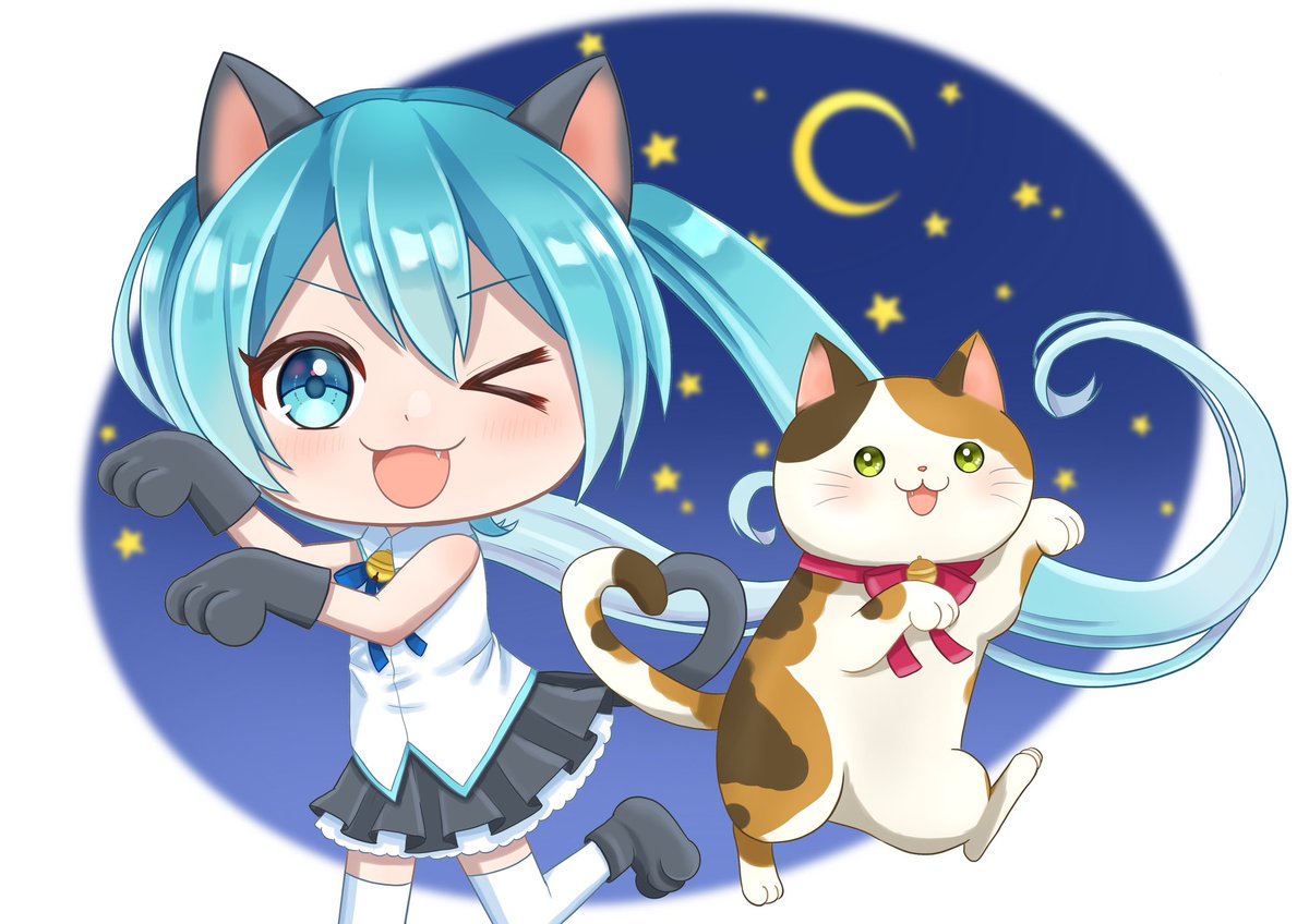 hatsune miku 1girl cat holding animal twintails long hair heart closed eyes  illustration images