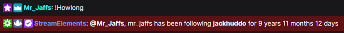 A lot of new people I meet ask how long I have been streaming. When they find out it's close to 12 years it is always a funny conversation.

Mr Jaffs just popped this in chat and it blew my mind! Almost 10 years following the Twitch channel 😍 One day the content will blow up 😂