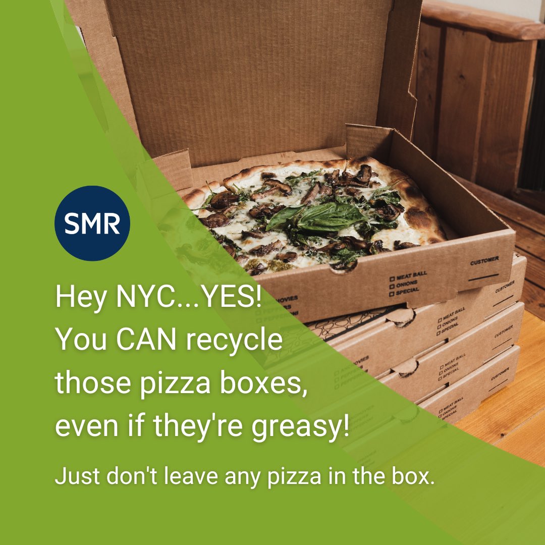 In NYC, pizza boxes ARE recyclable even if they’re greasy. Just don’t leave any pizza in the box! Live outside of NYC? Your recycling program may or may not accept pizza boxes, or they may only accept clean pizza boxes. Look up your recycling guidelines &amp; #recycleright  🍕👍♻️.