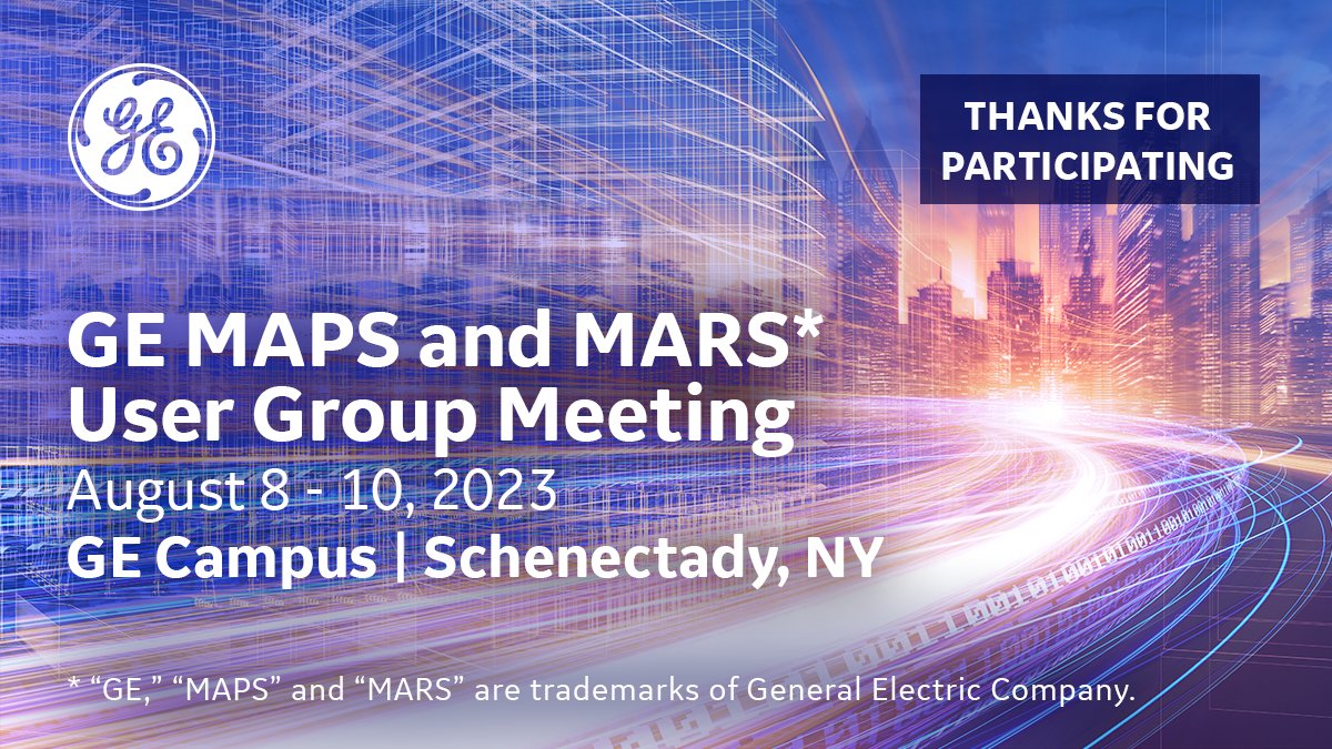 Excited to welcome customers and industry partners to the annual GE MAPS and MARS User Group Meeting at our GE Campus in Schenectady, NY. For more information on this year's conference, visit web.cvent.com/event/32453fd4… today.