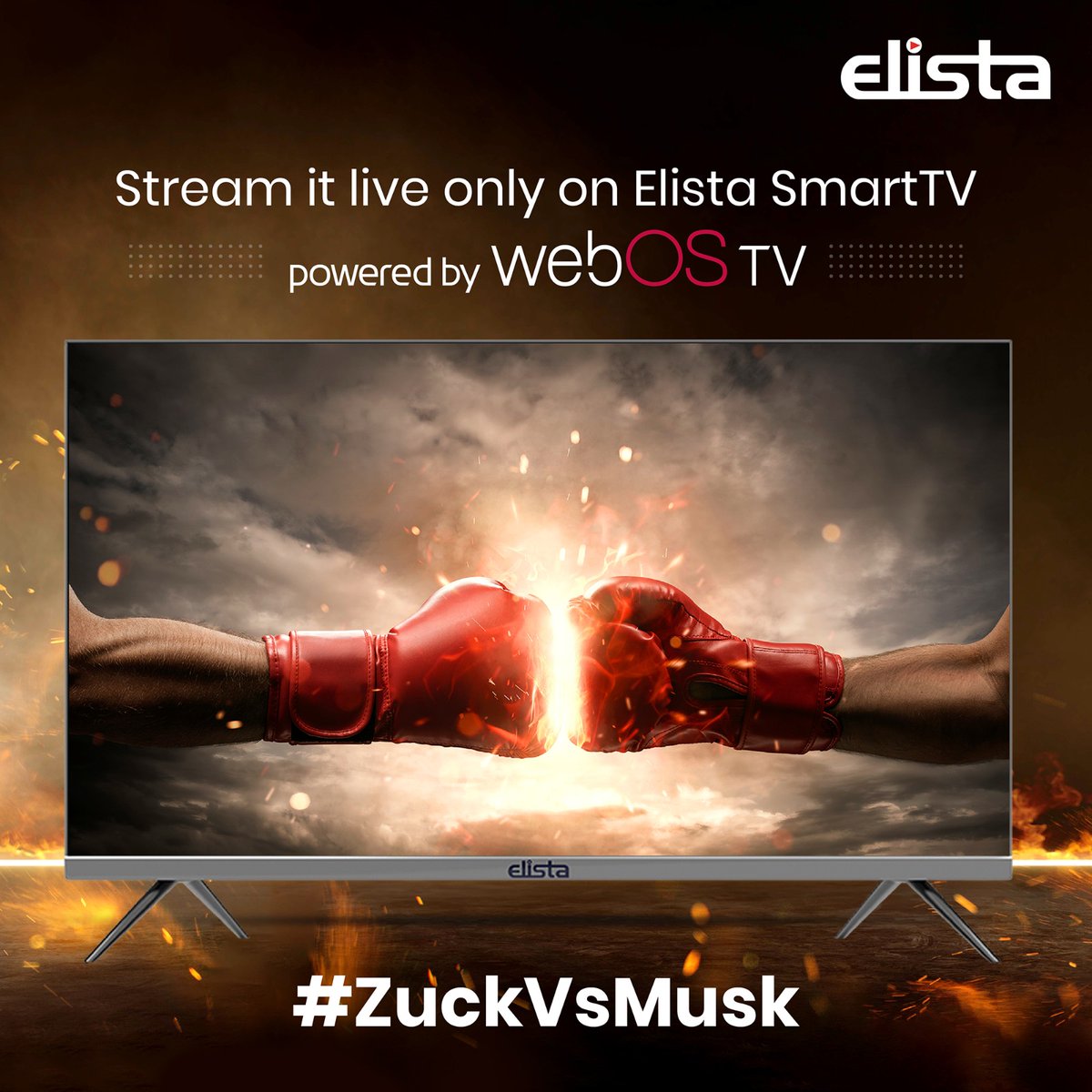 ElistaWorld's tweet photo. Don’t miss the epic showdown of the century! Watch the Musk vs Mark fight live on #Elista #SmartTV powered by #WebOSTV. Witness the clash of the tech titans as they battle it out in a boxing ring. Who will win? The visionary billionaire or the social media mogul? https://t.co/7AIdnmUa0z