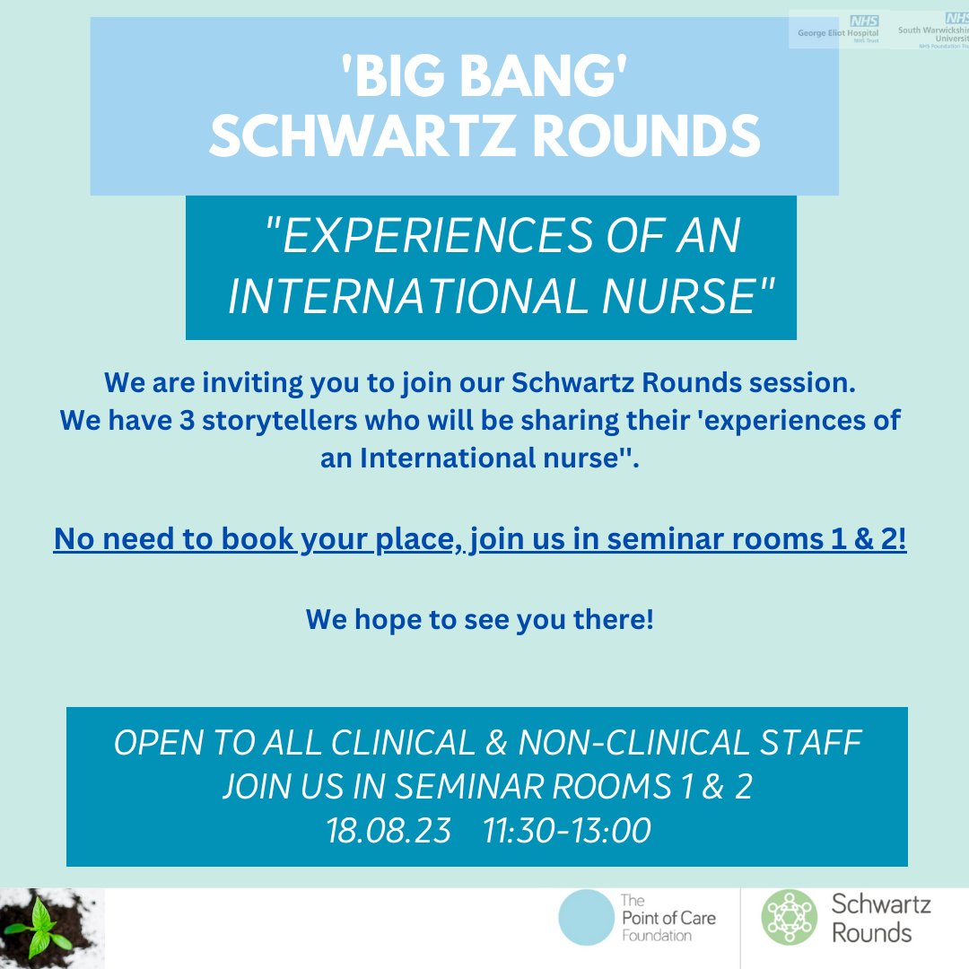 GehSchwartz's tweet photo. Only 10 days left until our GEH Big Bang Schwartz Rounds event!! 
Come and join us for on Friday 18th August in Seminar Room 1 &amp; 2 (GETEC).  
The theme is 'Experiences of an International Nurse'. Refreshments &amp; lunch will be provided.  
We hope to see you there 😀 https://t.co/cKRC3Vf30q