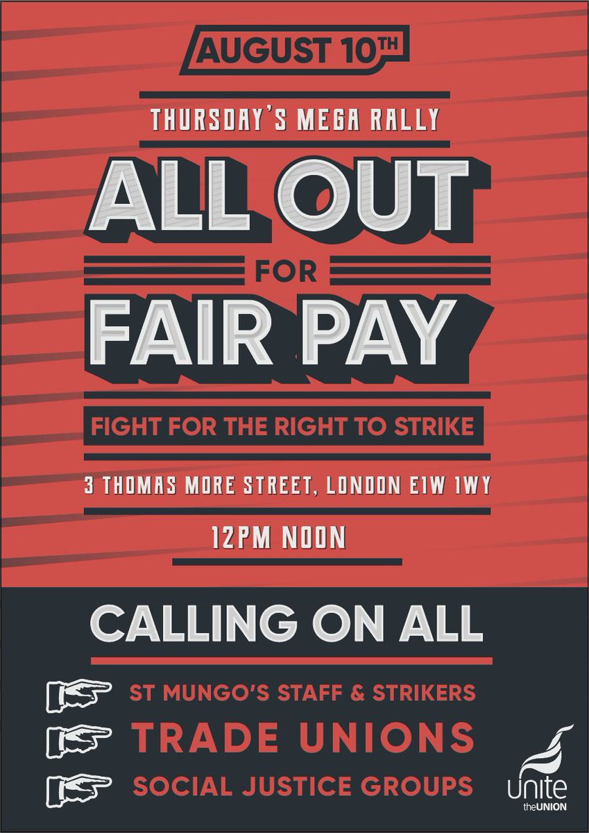 This is so important.

Staff at homeless charity <a href="/StMungos/">St Mungo's</a> have been on strike for 10 weeks over falling real wages - while management are on massive salaries.

I'll be joining them on the picket line in London on Thursday at 12pm.

Please spread the word!!