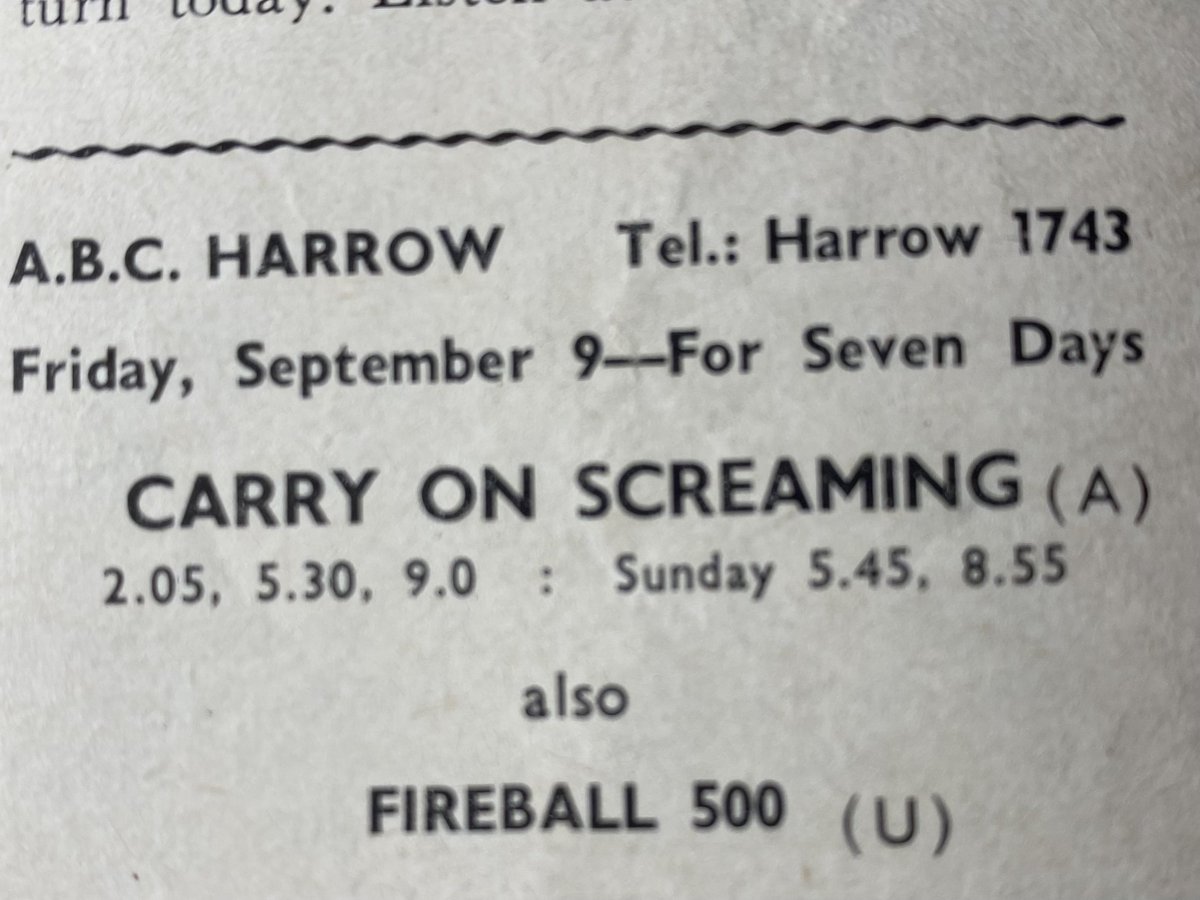 Carry On Screaming and Fireball 500 at the ABC Harrow in 1966.

Source: Wealdstone Football Programme 13/09/1966.

#PastPickers #CarryOn #Fireball500 #Harrow #stockcarracing