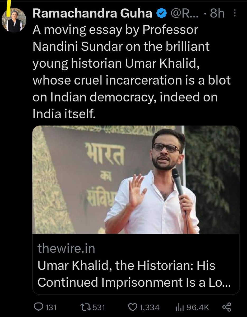 The way the ecosystem works. I didn't even know Umar Khalid was a historian. But apparently he is, and a brilliant one at that. Why should we believe it? Because Guha says it. Based on what? Because Nandini Sundar, says it. Where does she say it? The Wire. Who runs it? Her hubby