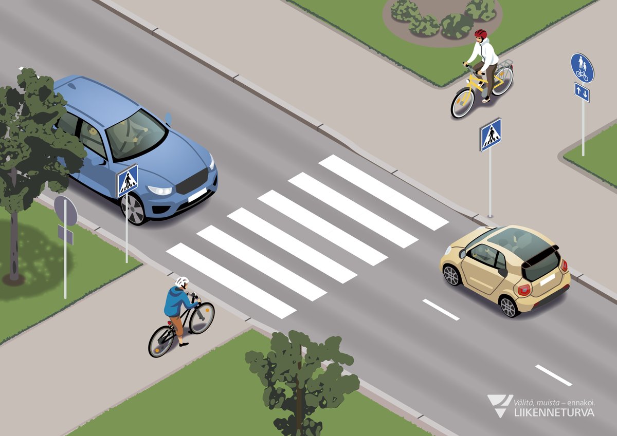 Osaatko väistämissäännöt? Tiedätkö, miten tässä tilanteessa kuuluu ajaa? Liikenneturvan kampanjassa kerrataan vielä tämän viikon ajan suojatie- ja väistämissääntöjä. #TunneLiikennesäännöt 1/4