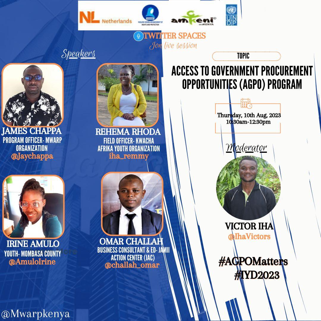 Are you ready? 10th of August 2023 #AGPO MATTERS  #IYD2023
<a href="/KishokaYouth/">Kishoka YOUTH Organization</a> <a href="/kwalecsoc/">kwalecso consortium</a> <a href="/focuscbo/">Kwale Focus CBO</a> <a href="/ForumKwale/">Kwale Municipality Information Forum</a> <a href="/ManyattaYouth_m/">Manyatta Africa (MA)</a> <a href="/JukwaaArts/">Jukwaa Arts Pro.</a> <a href="/KCDF/">Kenya Community Development Foundation</a> <a href="/CTP_Kenya/">Counter Terrorism Policing KE</a> <a href="/Huria_KE/">Human Rights Agenda</a> <a href="/KECOSCE/">KECOSCE</a> <a href="/JamiiAction/">Jamii Action Centre [JAC]</a> @JacMediaKenya <a href="/MsaCrimeAlerts/">Mombasa Crime Alerts</a>  <a href="/RadioKaya/">Radio Kaya</a> <a href="/OurKwaleCounty/">Kwale County</a> <a href="/YOWPSUD_/">YOWPSUD</a> <a href="/YouthVoiceMatt1/">YOUTH VOICE MATTERS INITIATIVE</a>