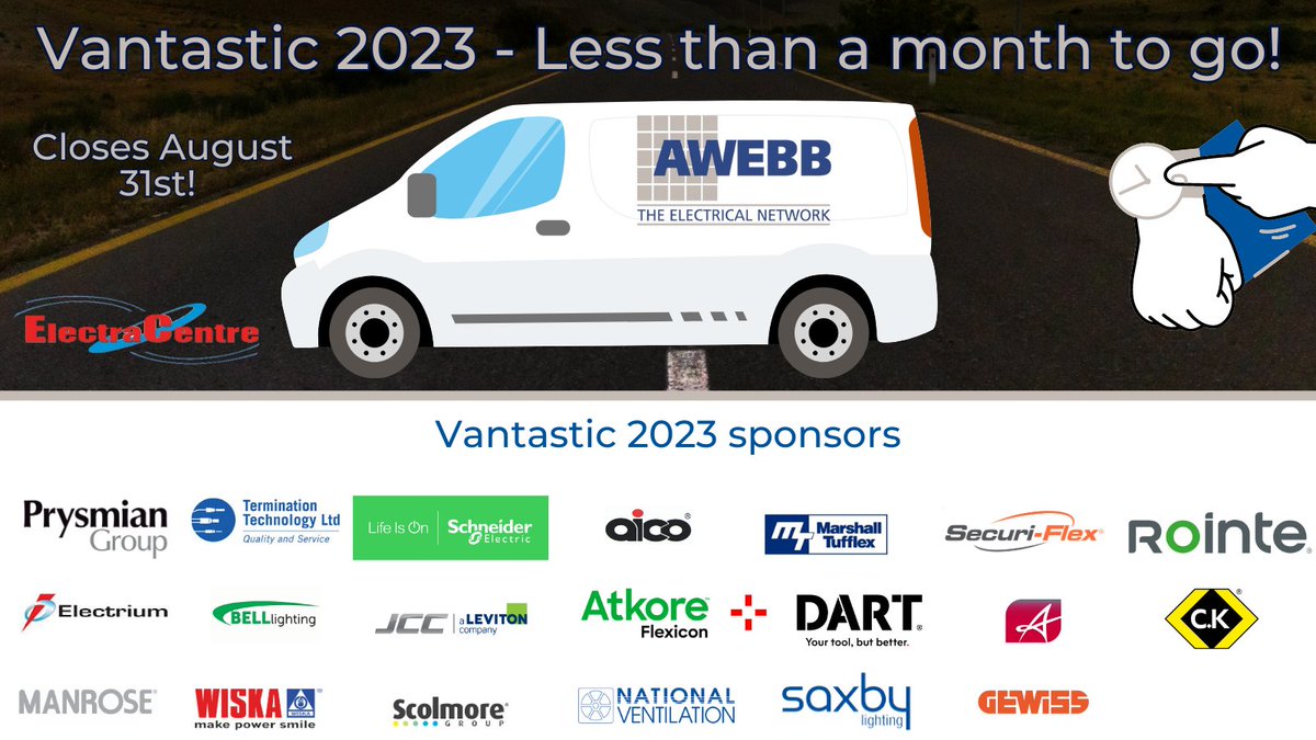 We’re into the final month of Vantastic! You have until August 31st to enter.

To find your local participating independent wholesale branch don’t forget to visit awebb.org.uk/store-locator/

<a href="/AWEBB_LTD/">AWEBB</a> #ad #vantastic2023 #electricalwholesale #electricalindustry #bettertogether